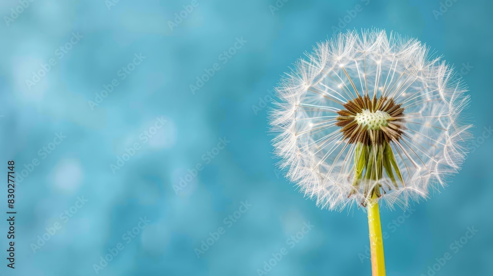 Obraz premium A dandelion's head up-close against a blue backdrop Foreground features a soft, blurred depiction of the dandelion's backside Top