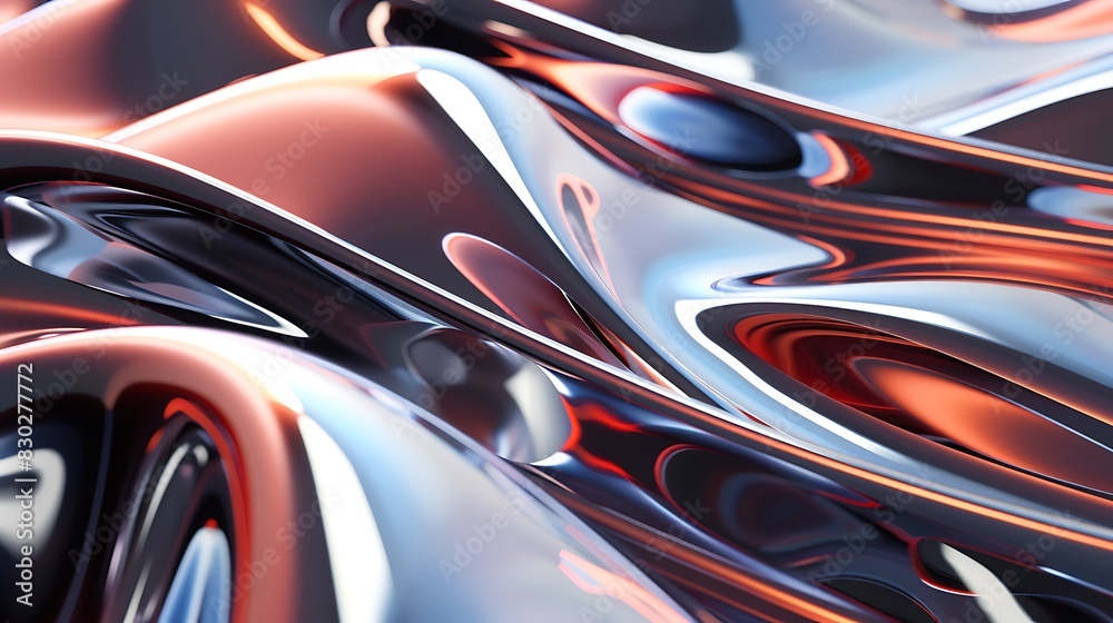 3D rendering of a smooth metal surface with a gradient of red and silver. The surface is lit by a bright light, which creates highlights and shadows.