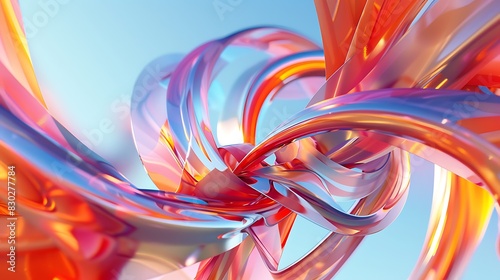 3D rendering. Abstract twisted shape. Orange  red and blue colors.