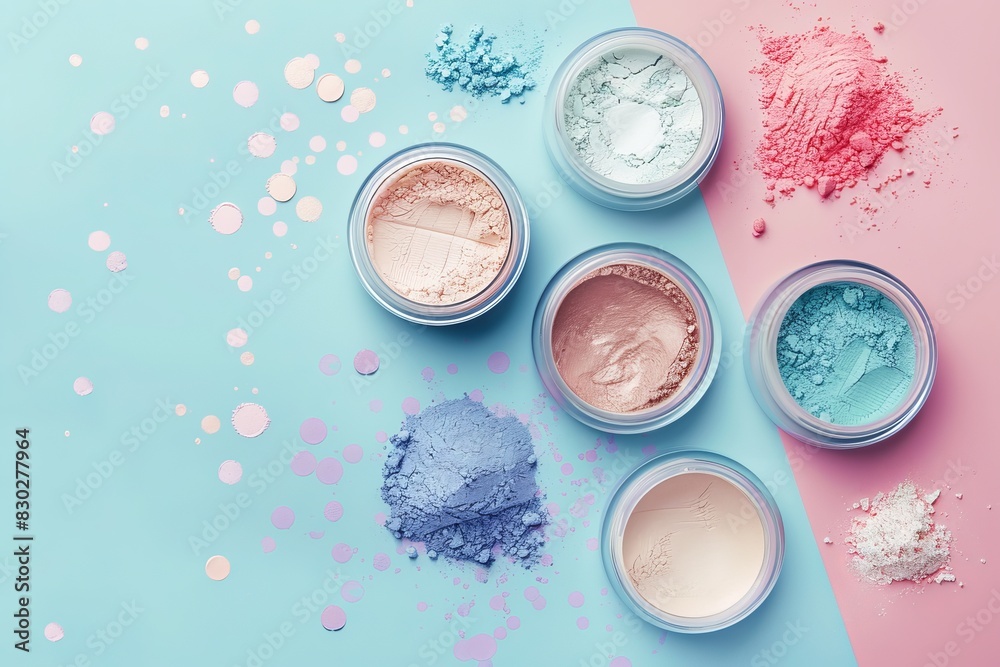 Make-up beauty products at pastel background.