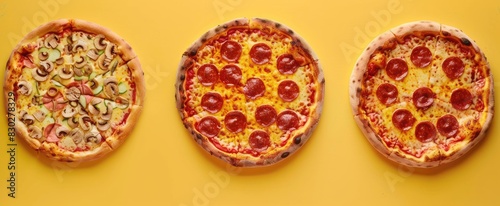 Collection of pizza, isolated on yellow background
