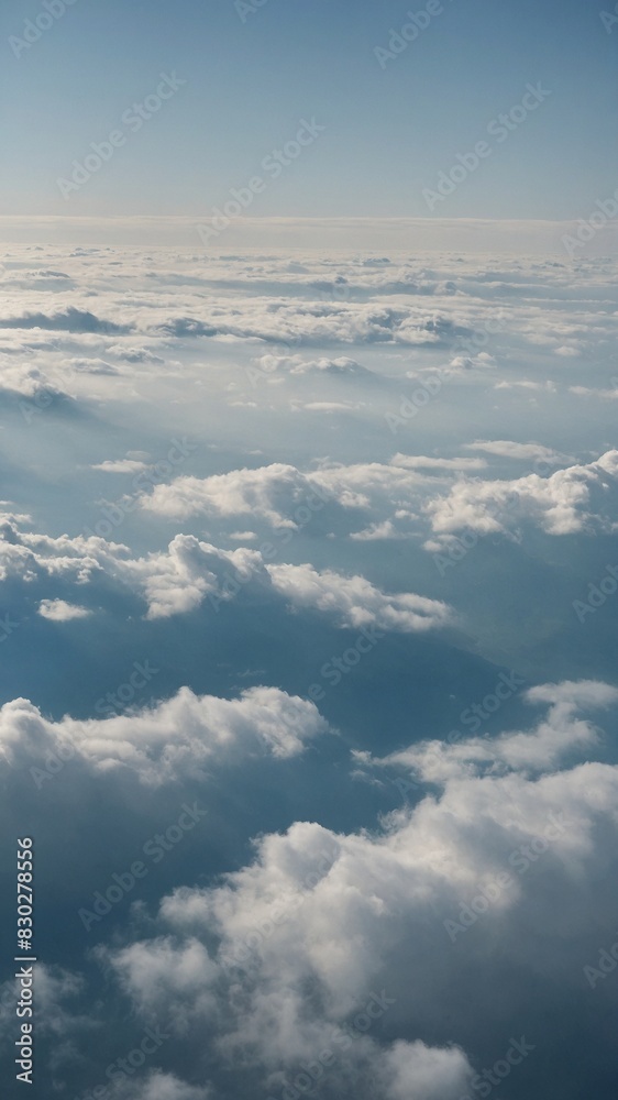 Vast expanse of clouds blankets view, with varying densities, altitudes creating dynamic texture against clear blue sky. Sunlight casts soft shadows, highlights on clouds. Vast expanse of clouds blankets view, with varying densities, altitudes creating dynamic texture against clear blue sky. Sunlight casts soft shadows, highlights on clouds.