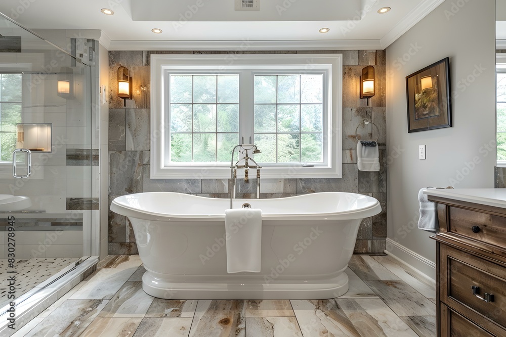 Modern Bathroom Interior Design with Large Window and White Tub Modern Bathroom Interior Design with Large Window and White Tub