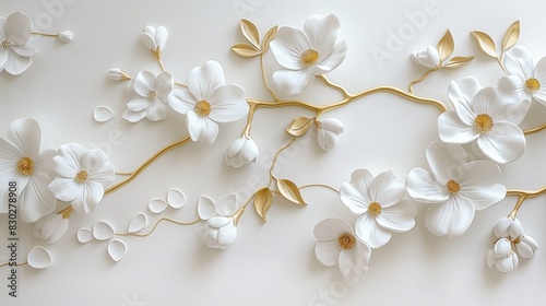 White flowers with golden leaves on white background. White and golden luxury 3d floral background photo