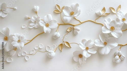 Fototapeta Naklejka Na Ścianę i Meble -  White flowers with golden leaves on white background. White and golden luxury 3d floral background