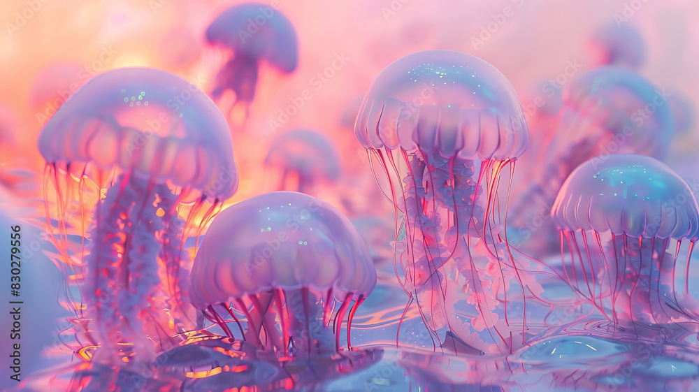 Close-up of a translucent blue-pink jellyfish on a blue background