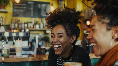 Friends laughing together at a coffee shop  sharing a moment of joy