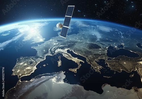 A low Earth orbit telecommunication satellite delivers global internet and high-speed data communication across Europe, enabling worldwide data connectivity.