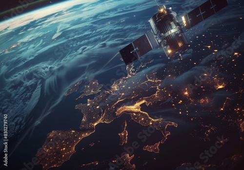 A low Earth orbit telecommunication satellite delivers global internet and high-speed data communication across Europe, enabling worldwide data connectivity.