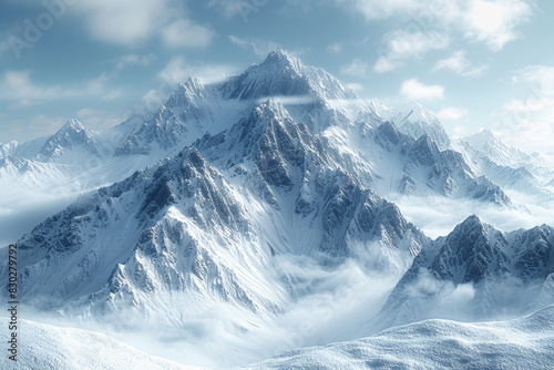 Majestic mountains covered in a blanket of snow. Concept of winter landscapes and natural beauty. Generative Ai.