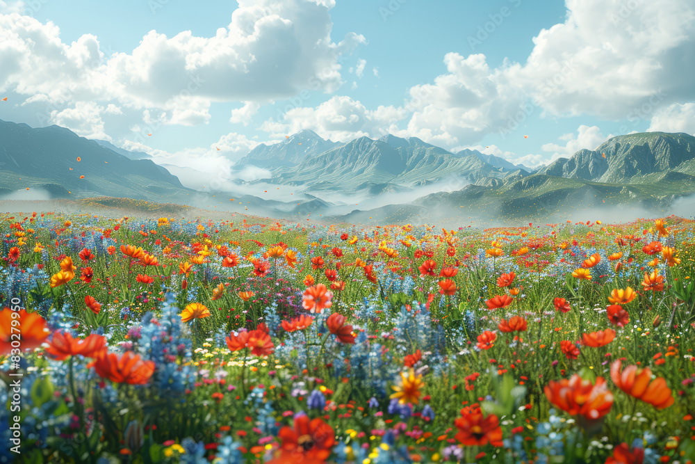 Rolling hills dotted with vibrant wildflowers. Concept of springtime and blooming nature. Generative Ai.