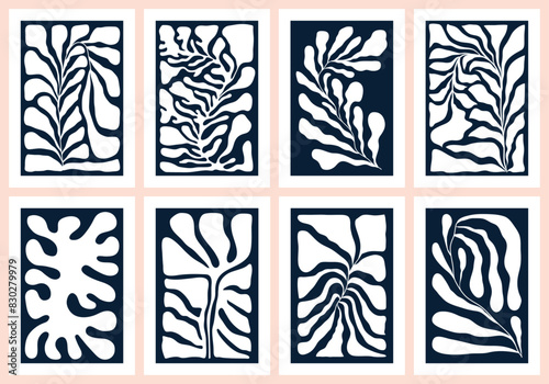 Botanical posters with abstract plants and organic shapes. Set of contemporary wall art. Floral flat vector illustrations of vertical artworks with naive elements. Boho art.