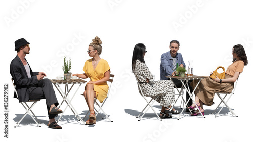 Outdoor restaurant with young trendy people siting and relaxing isolated on white background