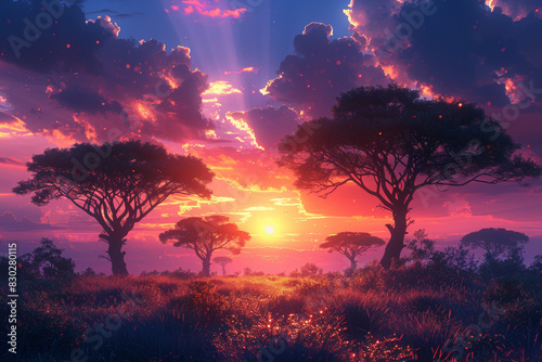 A savanna landscape with acacia trees silhouetted against the sunset. Concept of African landscapes and sunsets. Generative Ai.