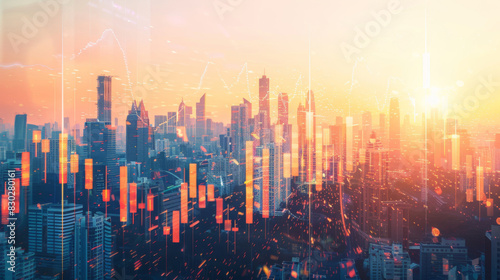 Abstract skyline with digital finance graph, symbolizing economic growth