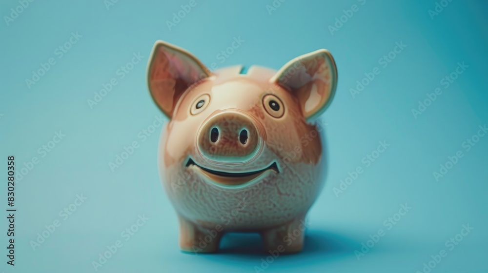 Piggy bank with money against a blue backdrop symbolizes saving Piggy bank with money against a blue backdrop symbolizes saving