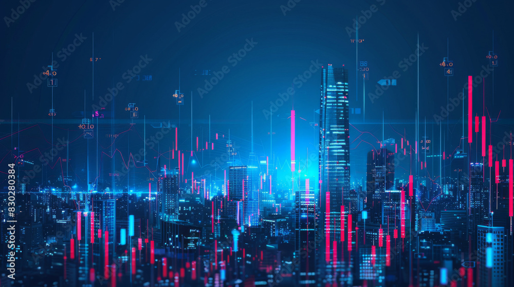 Vibrant city skyline at night with overlaying digital stock market graphs illustrating economic growth