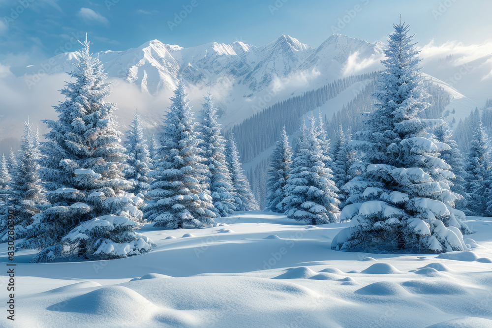 Naklejka premium Snow-covered pine trees in a winter wonderland. Concept of snowy forests and winter serenity. Generative Ai.