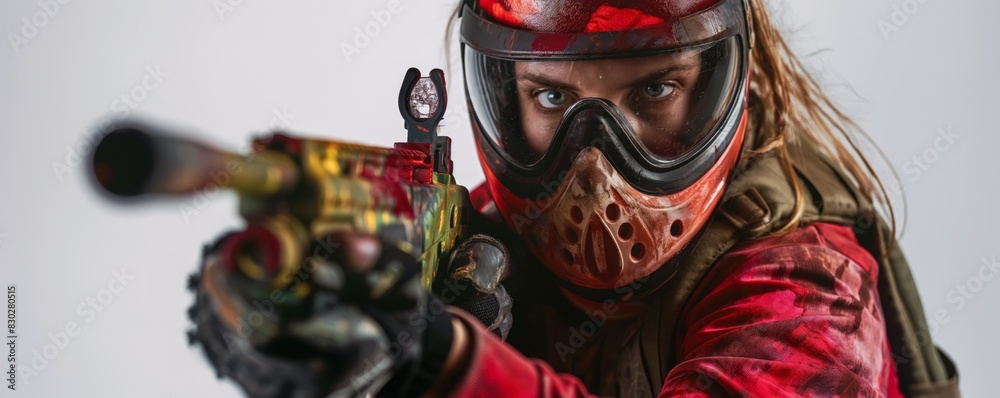 Close-up of a paintball player aiming gun Close-up of a paintball player aiming gun