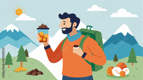 On a hike a man enjoys a homemade trail mix rejecting the idea of consuming chemicallyenhanced sports bars for energy.. Vector illustration