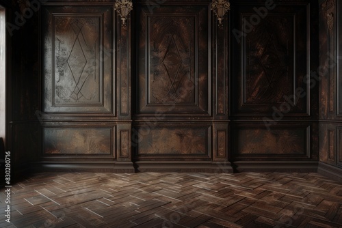 Dark brown classic wooden highlighted wall background with free space  mock up room  parquet floor