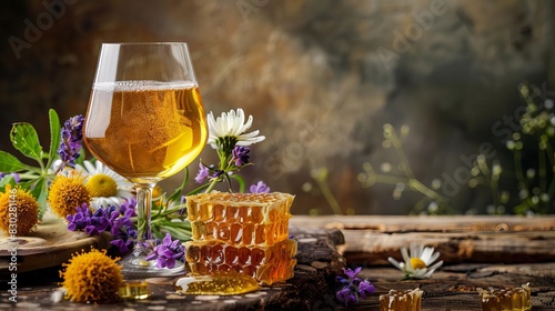 golden mead in an elegant glass with fresh honeycomb and wildflowers rustic still life