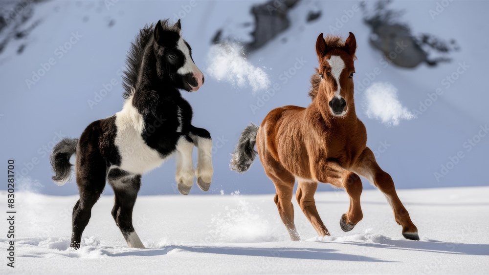Photo of two playful stallions. The black and white foal demonstrate impressive agility while standing on their hind legs. Photo of two playful stallions. The black and white foal demonstrate impressive agility while standing on their hind legs.