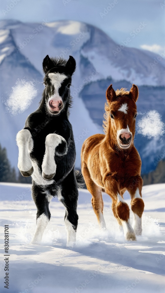 Naklejka premium Photo of two playful stallions. The black and white foal demonstrate impressive agility while standing on their hind legs.