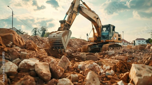 heavy excavator machine digging at construction site industrial progress photo