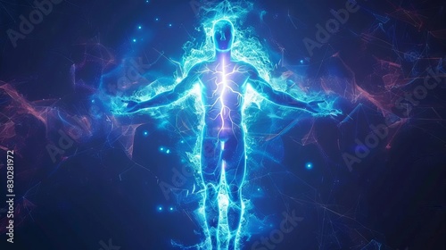 human body with luminous astral and causal bodies spiritual concept © furyon