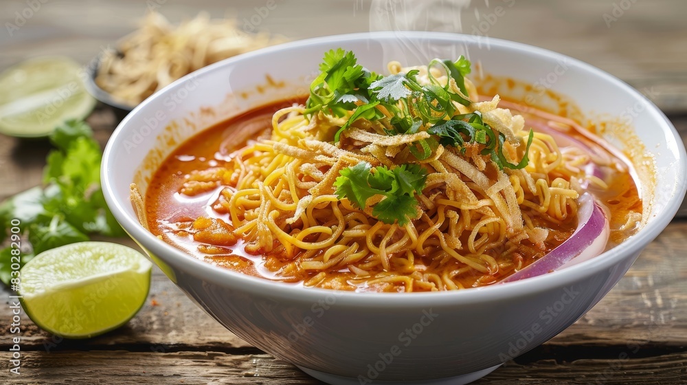 Khao Soi (Northern Thai curry noodles) with crispy noodles on top, topped with pickles and lemon. Khao Soi (Northern Thai curry noodles) with crispy noodles on top, topped with pickles and lemon.