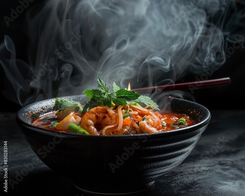 Tom yum kung smokedark background photo