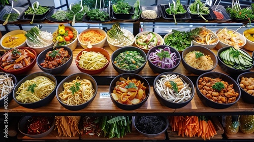 un buffet en vue 34 depuis le haut avec pleins dingredients frais dorigine asiatique ansi que des bouillons ramen en mode photorealiste photo