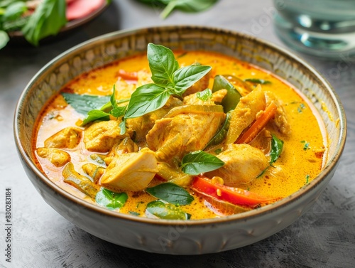yellow curry in a bowl, top-down view,