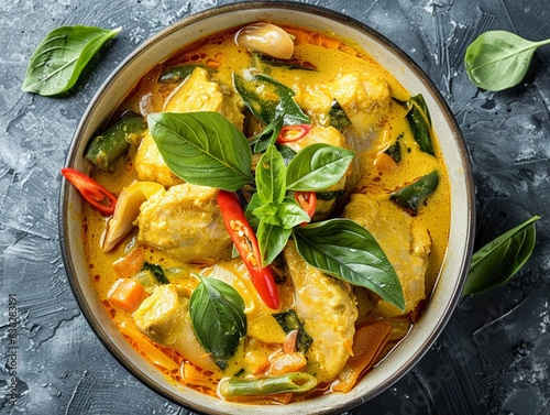 Thai yellow curry in a bowl, top-down view, photo