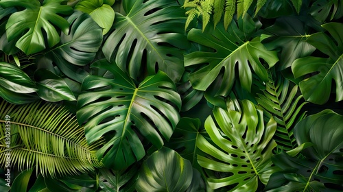 lush green tropical leaves forming a dense immersive background featuring monstera palm fern and banana foliage nature photography