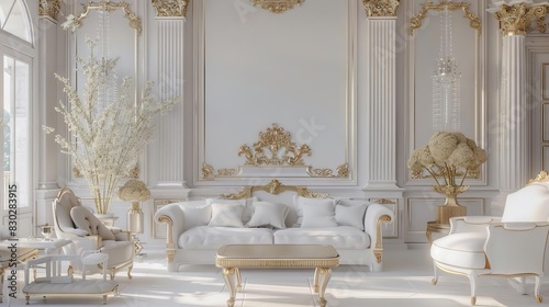 luxurious white and gold living room with chic furniture and opulent decor 3d illustration