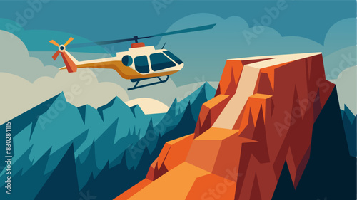 The air taxis powerful landing gear allows it to land on a steep rocky cliff where a hiker lies injured and in need of urgent medical attention.. Vector illustration