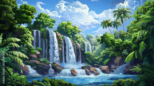 majestic waterfall cascades down lush tropical island paradise concept illustration