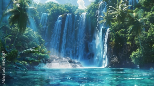 majestic waterfall cascades down lush tropical island paradise concept illustration