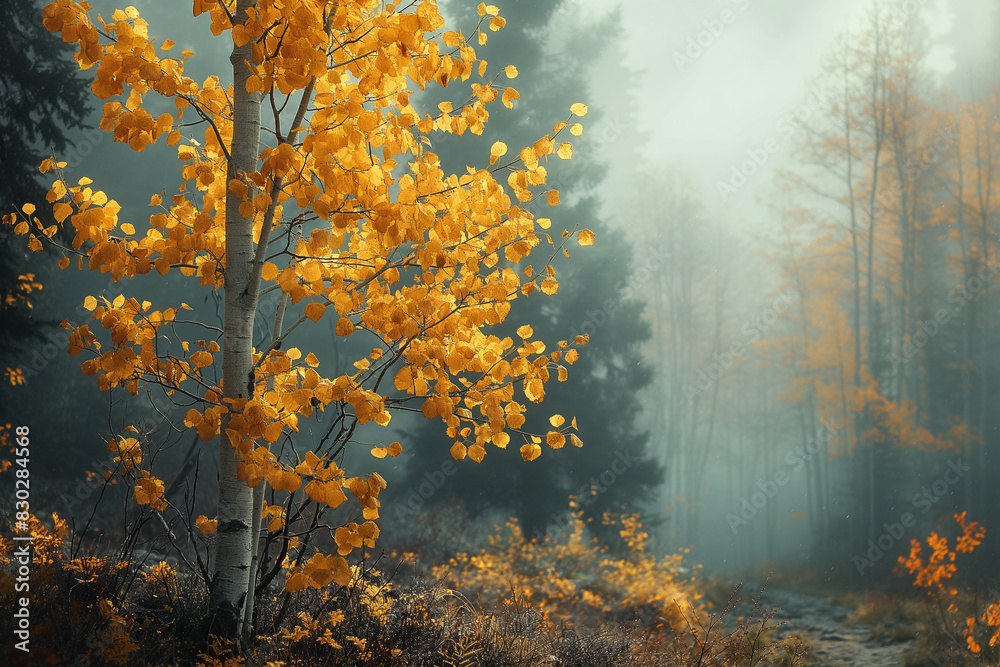 An early autumn morning with quivering aspen leaves, surrounded by mist and creating an ethereal, almost magical scene. An early autumn morning with quivering aspen leaves, surrounded by mist and creating an ethereal, almost magical scene.