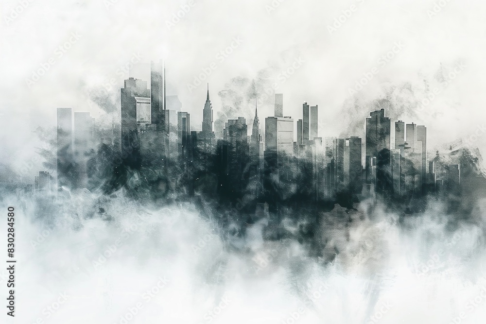 Cityscape emerging from thick fog on a white background creating a mysterious ambiance
