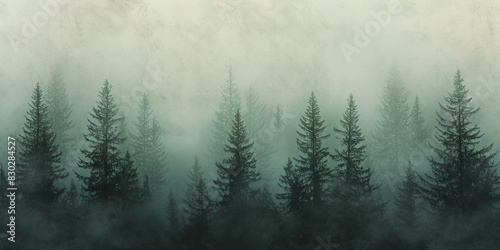 Pine trees forest with fog. 