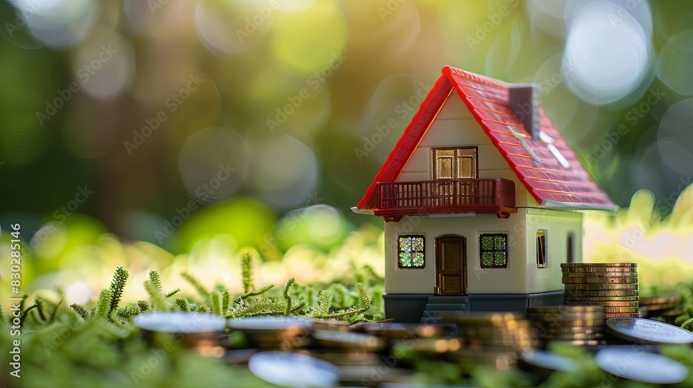 miniature house model with coins representing real estate business concept miniature house model with coins representing real estate business concept