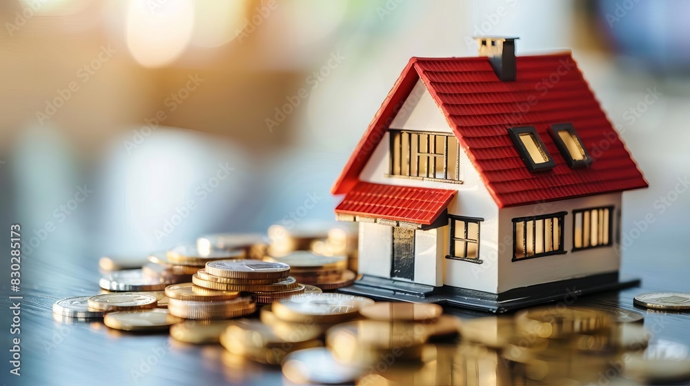 miniature house model with coins representing real estate business concept miniature house model with coins representing real estate business concept