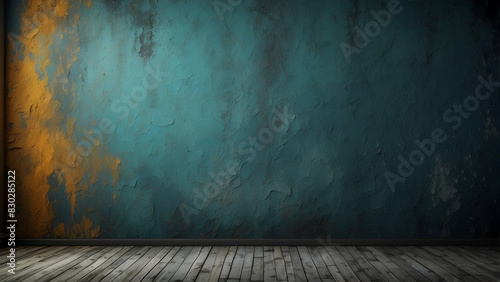 Weathered teal wall with orange peel effect, reflecting the concept of decay and time's passage photo