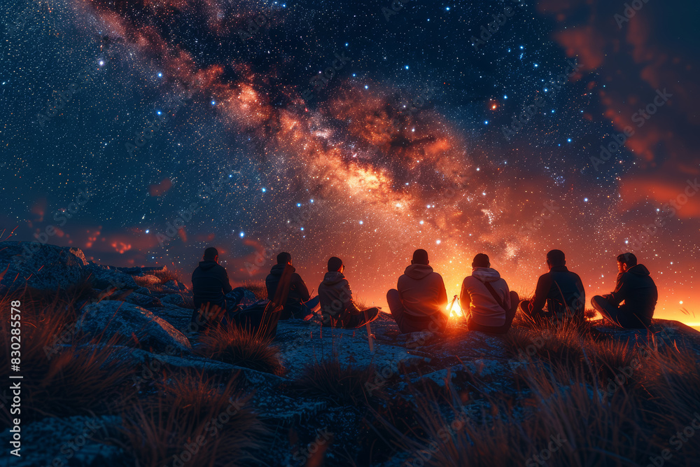 A group of friends gathered around a campfire under the stars. Concept of camaraderie and adventure. Generative Ai.