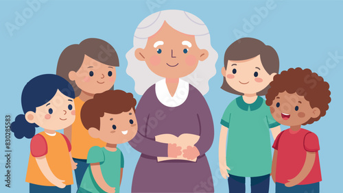 An elderly woman leans in close to a group of children sharing stories of her childhood and how times have changed.. Vector illustration