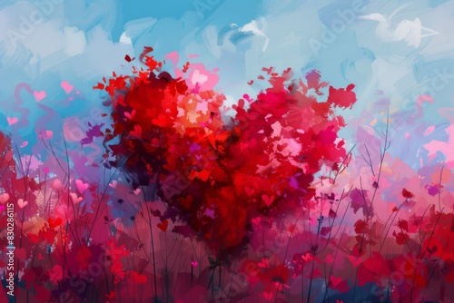 Painting of a heart shaped tree in a field of flowers, fortune teller concept 