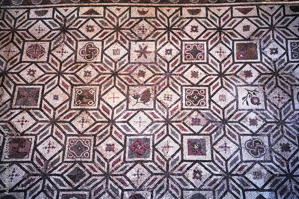 geometric pattern of floor mosaic of an ancient house in Paphos town